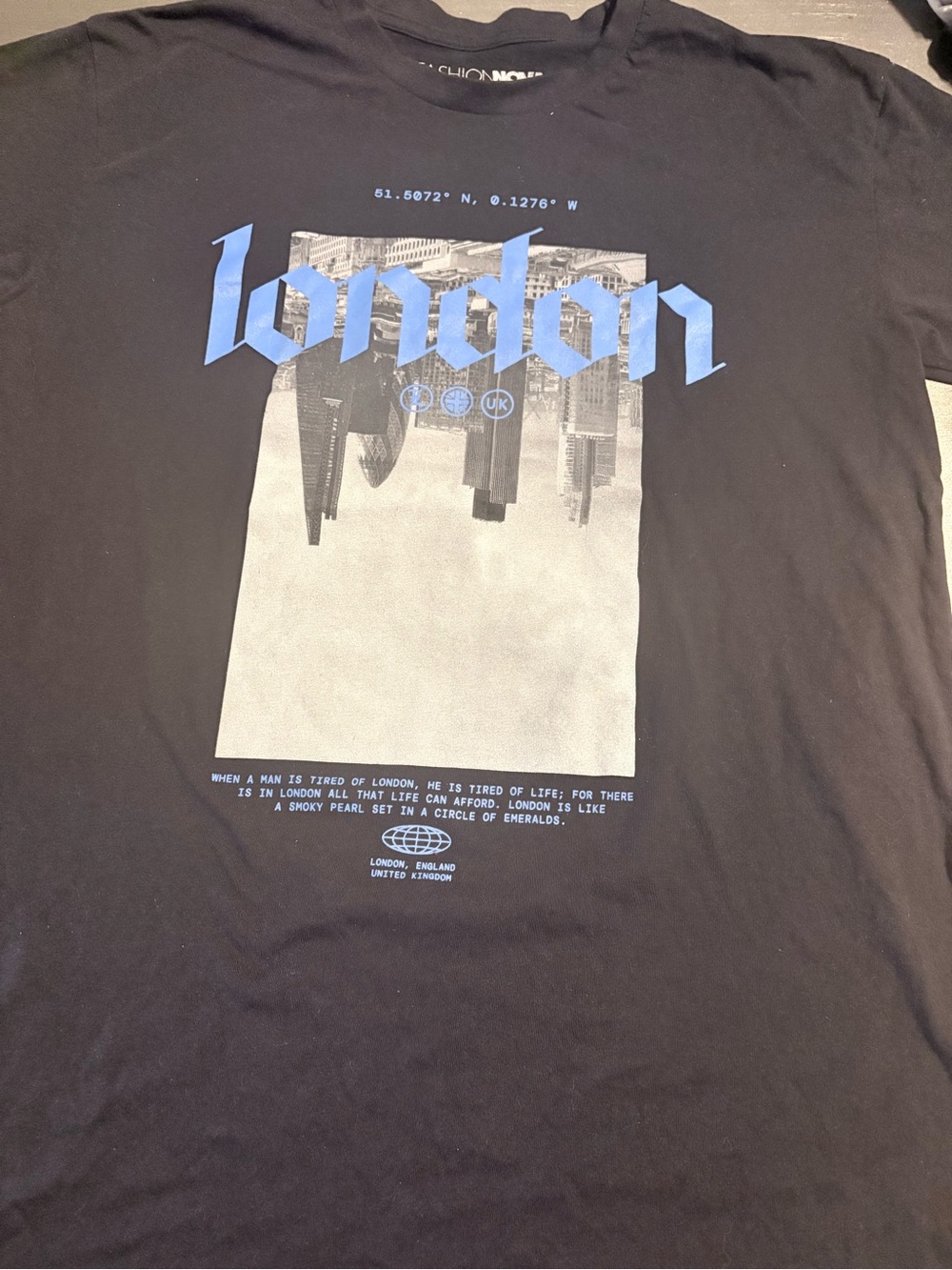 Fashion Nova Black Short-Sleeve Tee with Blue "London" Graphic